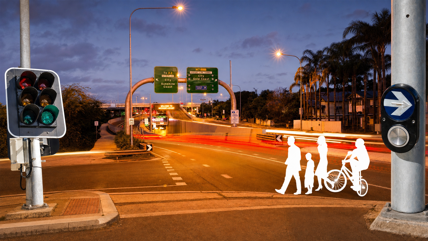 Intelligent transport systems operating on an Australian motorway at dusk